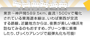東京～神戸間589.5km、直流1500Vで電化されている東海道本線は、いわば東西が交流する路線。近畿地方からは、夜景が美しい横浜を訪ねてみるのもおすすめ。グリーン車に乗車したり、びっくりアレンジで超弾丸化も可能！